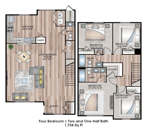 Floor plan for 4 beds, 2.5 baths, 1734 sqft